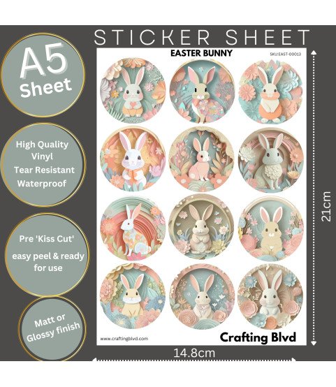Pastel Floral Easter Bunnies Stickers, Die Cut or Card Toppers