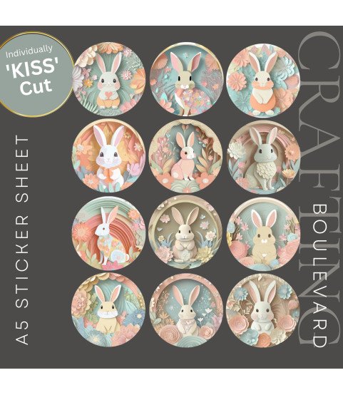 Pastel Floral Easter Bunnies Stickers, Die Cut or Card Toppers