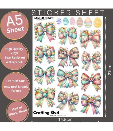 Pastel Easter Egg & Floral Bows Stickers, Die Cut or Card Toppers