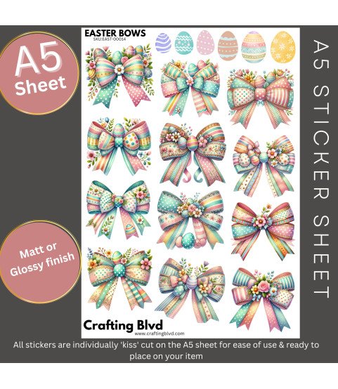 Pastel Easter Egg & Floral Bows Stickers, Die Cut or Card Toppers