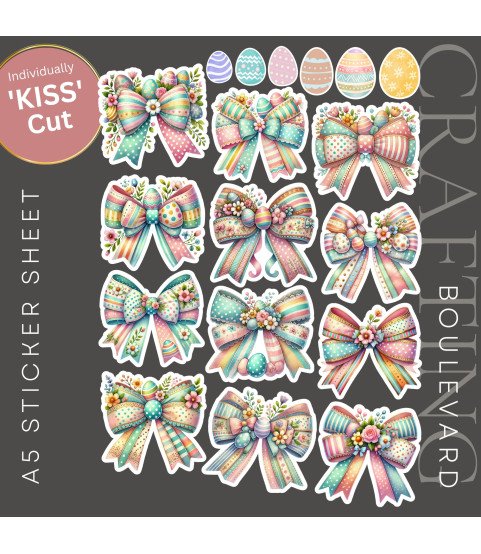 Pastel Easter Egg & Floral Bows Stickers, Die Cut or Card Toppers