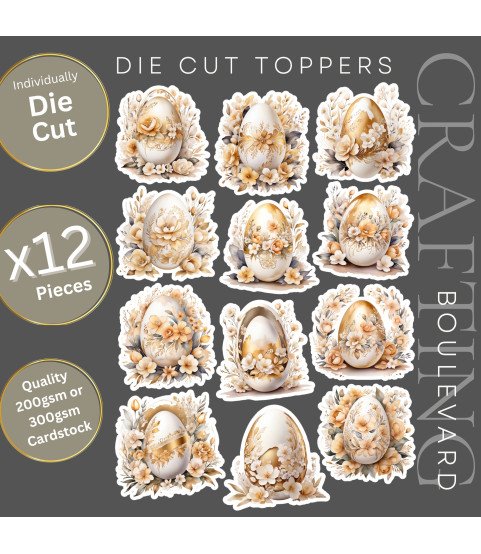 Elegant Golden Floral Easter Eggs Stickers, Die Cut or Card Toppers
