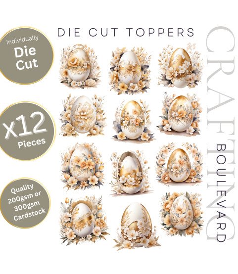 Elegant Golden Floral Easter Eggs Stickers, Die Cut or Card Toppers