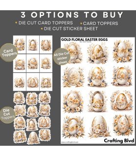 Elegant Golden Floral Easter Eggs Stickers, Die Cut or Card Toppers