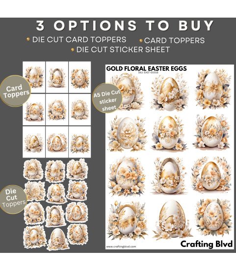 Elegant Golden Floral Easter Eggs Stickers, Die Cut or Card Toppers