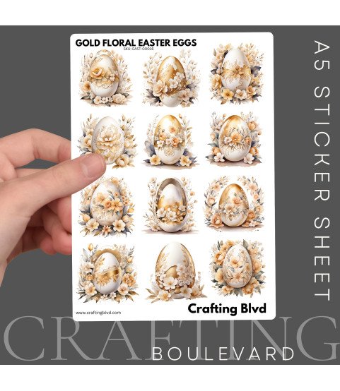 Elegant Golden Floral Easter Eggs Stickers, Die Cut or Card Toppers