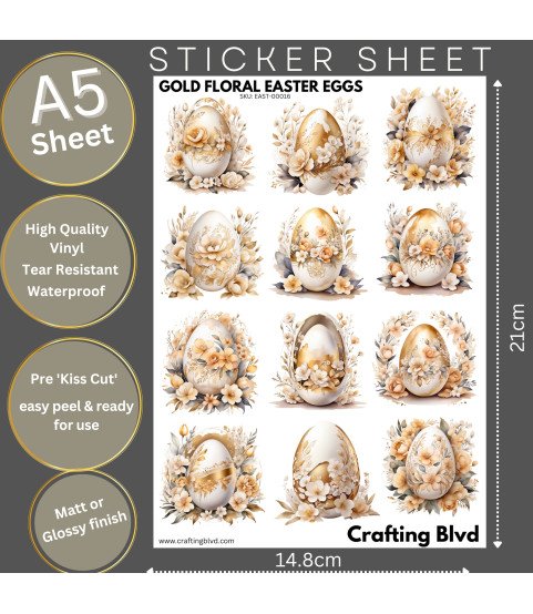 Elegant Golden Floral Easter Eggs Stickers, Die Cut or Card Toppers