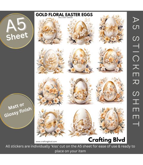 Elegant Golden Floral Easter Eggs Stickers, Die Cut or Card Toppers