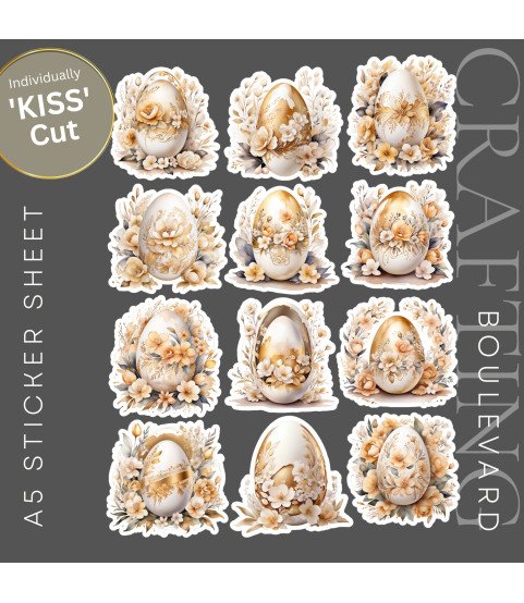 Elegant Golden Floral Easter Eggs Stickers, Die Cut or Card Toppers