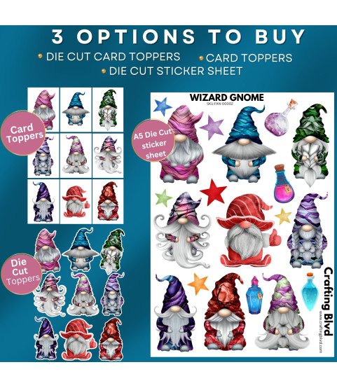 Wizard Gnome Stickers, Die Cut or Card Toppers