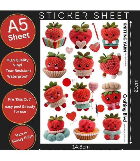 Cute Strawberry Crochet #2 Stickers, Die Cut or Card Toppers