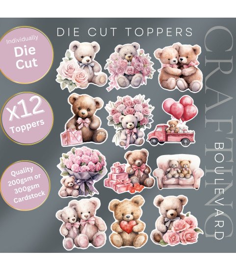 Valentine Teddy Stickers, Die Cut or Card Toppers