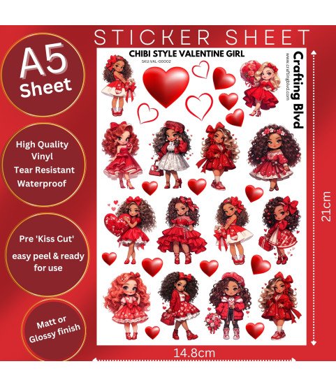 Chibi Style Valentine Girl Stickers, Die Cut or Card Toppers
