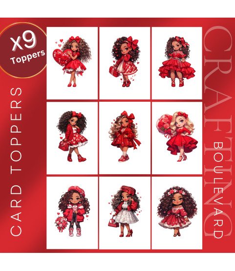 Chibi Style Valentine Girl Stickers, Die Cut or Card Toppers