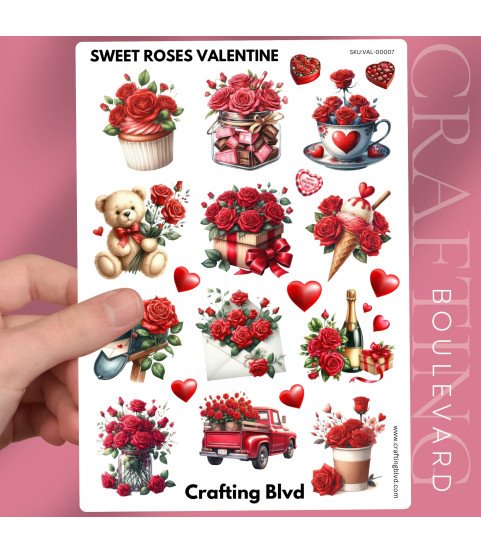 Sweet Roses Valentine Stickers, Die Cut or Card Toppers