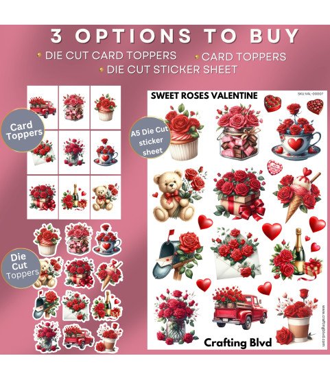 Sweet Roses Valentine Stickers, Die Cut or Card Toppers
