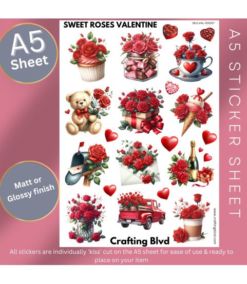 Sweet Roses Valentine Stickers, Die Cut or Card Toppers