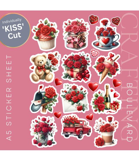 Sweet Roses Valentine Stickers, Die Cut or Card Toppers