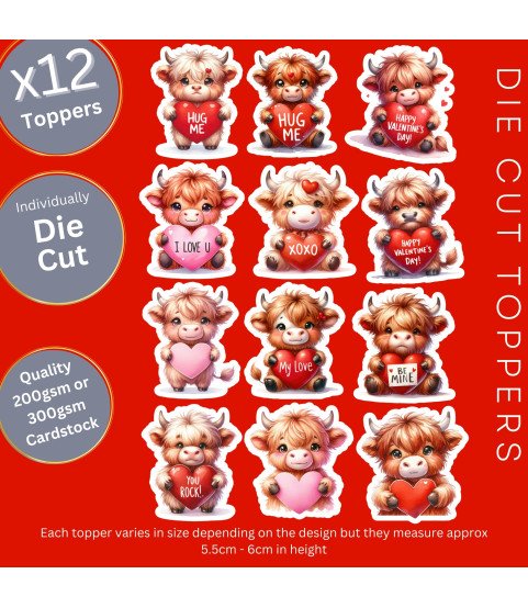 Valentine Highland Cow Stickers, Die Cut or Card Toppers