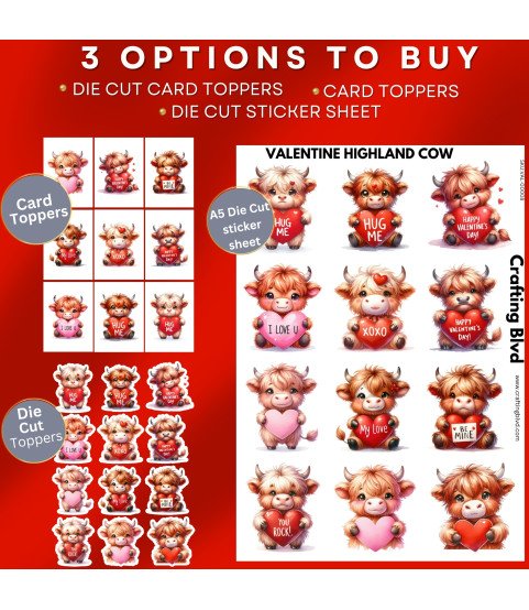 Valentine Highland Cow Stickers, Die Cut or Card Toppers