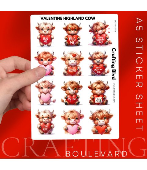 Valentine Highland Cow Stickers, Die Cut or Card Toppers
