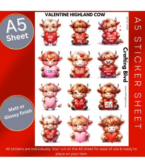 Valentine Highland Cow Stickers, Die Cut or Card Toppers
