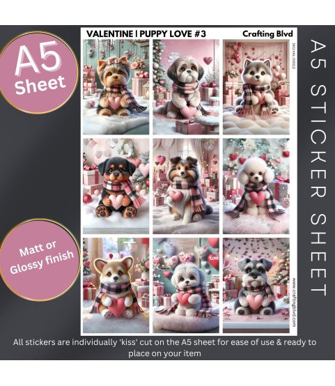 Valentine | Puppy Love #3 Stickers, Die Cut or Card Toppers