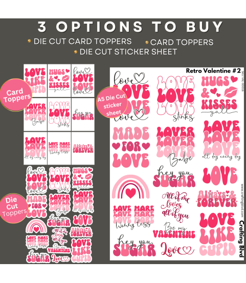 Retro Valentine #2 Stickers, Die Cut or Card Toppers