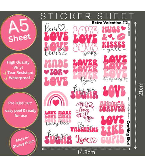Retro Valentine #2 Stickers, Die Cut or Card Toppers