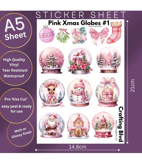 Pink Christmas Snow Globes Collection 1 Stickers, Die Cut or Card Toppers