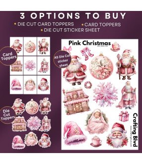 Pink Christmas Collection 3 Stickers, Die Cut or Card Toppers
