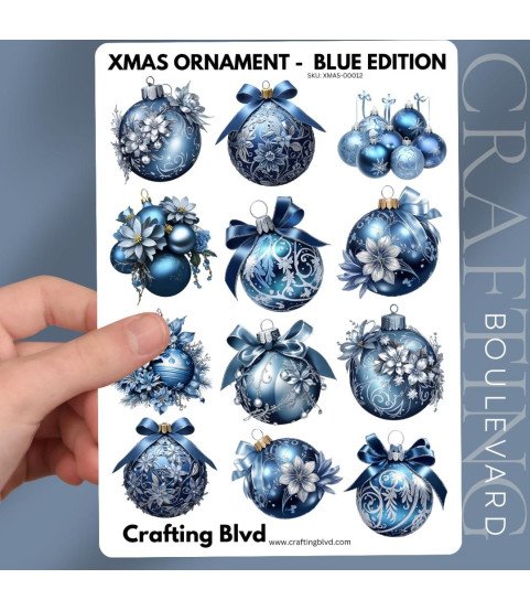 Elegant Blue Christmas Baubles Stickers, Die Cut or Card Toppers