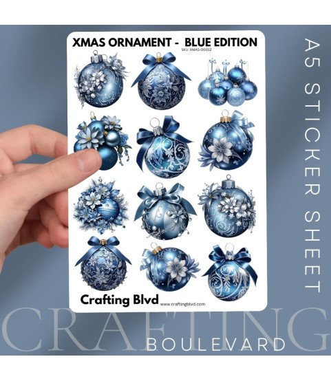 Elegant Blue Christmas Baubles Stickers, Die Cut or Card Toppers