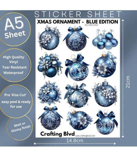 Elegant Blue Christmas Baubles Stickers, Die Cut or Card Toppers