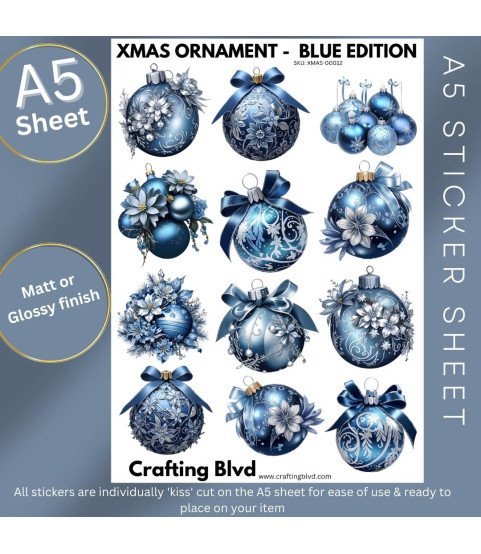 Elegant Blue Christmas Baubles Stickers, Die Cut or Card Toppers