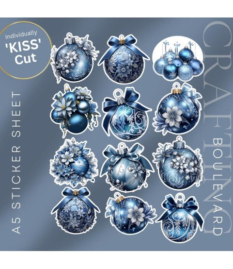 Elegant Blue Christmas Baubles Stickers, Die Cut or Card Toppers