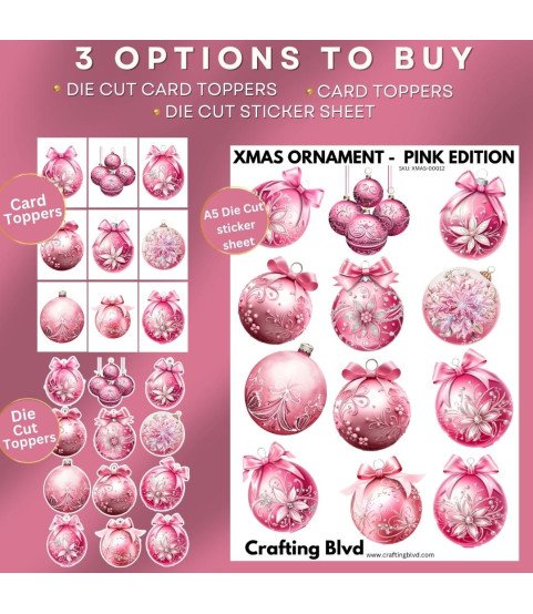 Elegant Pink Christmas Baubles Stickers, Die Cut or Card Toppers