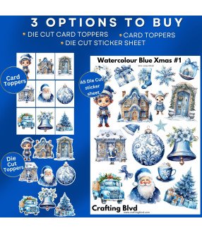 Blue Watercolour Christmas Collection 1 Stickers, Die Cut or Card Toppers