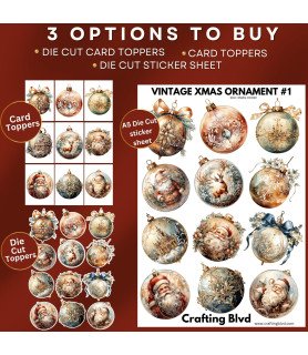 Vintage Christmas Baubles Collection 1 Stickers, Die Cut or Card Toppers