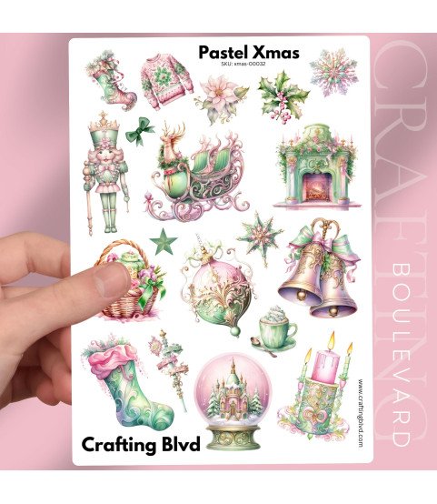 Pastel Pink & Green Christmas Stickers, Die Cut or Card Toppers
