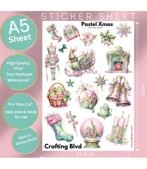 Pastel Pink & Green Christmas Stickers, Die Cut or Card Toppers