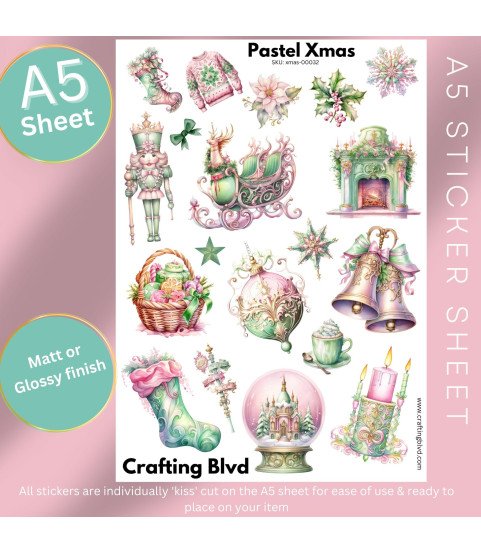 Pastel Pink & Green Christmas Stickers, Die Cut or Card Toppers
