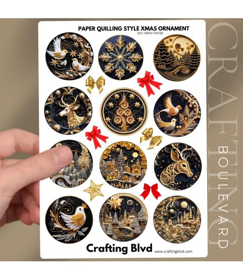 Black & Gold Paper Quilling Christmas Ornaments Stickers, Die Cut or Card Toppers
