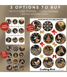 Black & Gold Paper Quilling Christmas Ornaments Stickers, Die Cut or Card Toppers