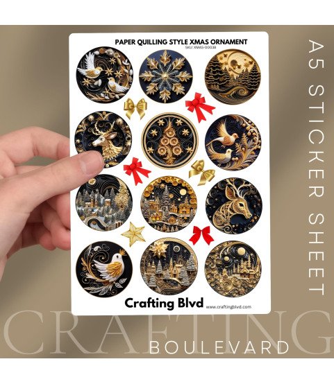 Black & Gold Paper Quilling Christmas Ornaments Stickers, Die Cut or Card Toppers