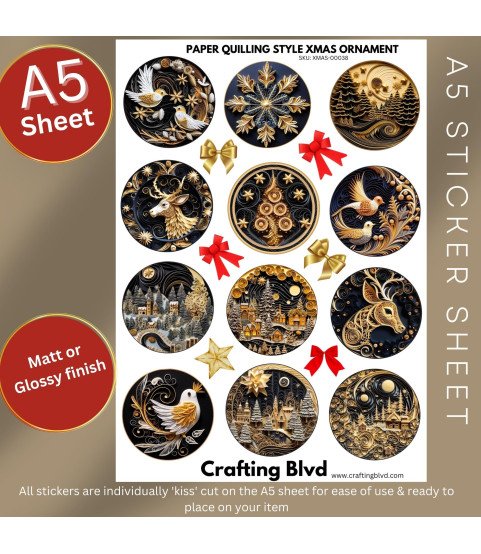 Black & Gold Paper Quilling Christmas Ornaments Stickers, Die Cut or Card Toppers