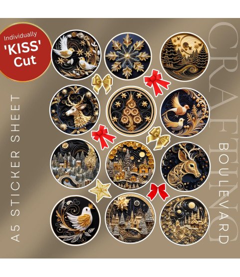 Black & Gold Paper Quilling Christmas Ornaments Stickers, Die Cut or Card Toppers