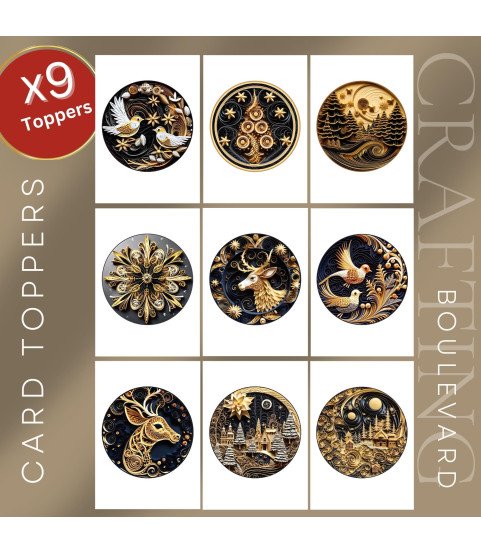 Black & Gold Paper Quilling Christmas Ornaments Stickers, Die Cut or Card Toppers