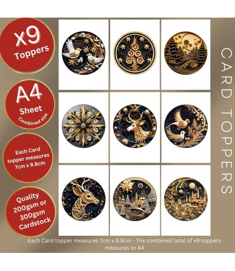Black & Gold Paper Quilling Christmas Ornaments Stickers, Die Cut or Card Toppers