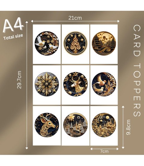 Black & Gold Paper Quilling Christmas Ornaments Stickers, Die Cut or Card Toppers